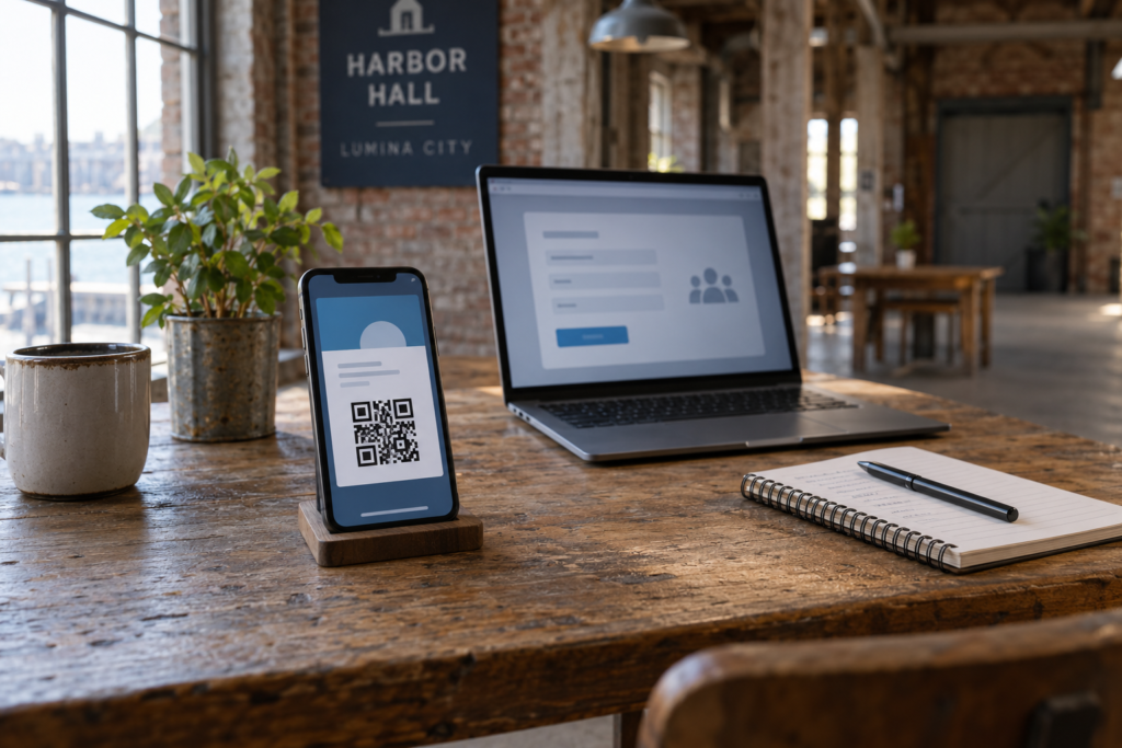 AI-generated concept of a free demo ticket and sign-up practice at fictional Harbor Hall. Screens are illustrative, not operational tickets.