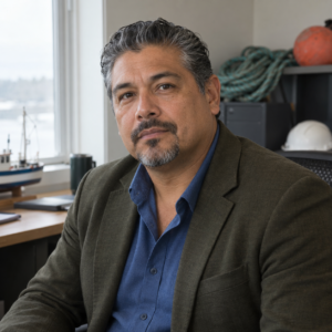 AI-generated portrait of Rafael Costa, a fictional marine services manager from Greyhaven Inlet in Lumina City, Nova Scotia.