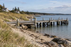 AI-generated view of an existing weathered dock beside the dunes in fictional East Dune; future repairs and access remain unresolved.