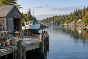AI-generated view of existing boat-repair activity beside fictional Greyhaven Inlet; no expansion or pollution is established.