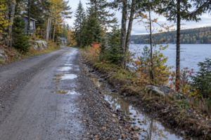 AI-generated view of the narrow fictional Pinehaven lakeside road after rain; no repairs or widening have been approved.