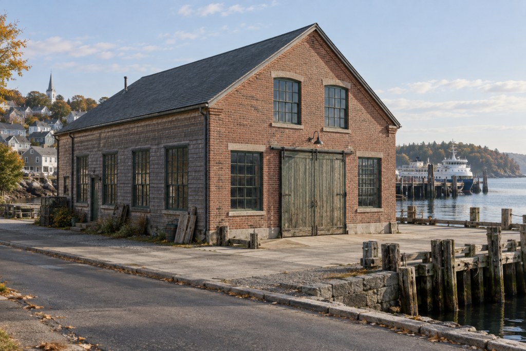 AI-generated view of Harbor Hall, the existing fictional waterfront warehouse in Lumina City.