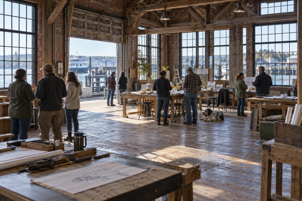 AI-generated concept of a possible workshop inside fictional Harbor Hall; the proposed event has not taken place.
